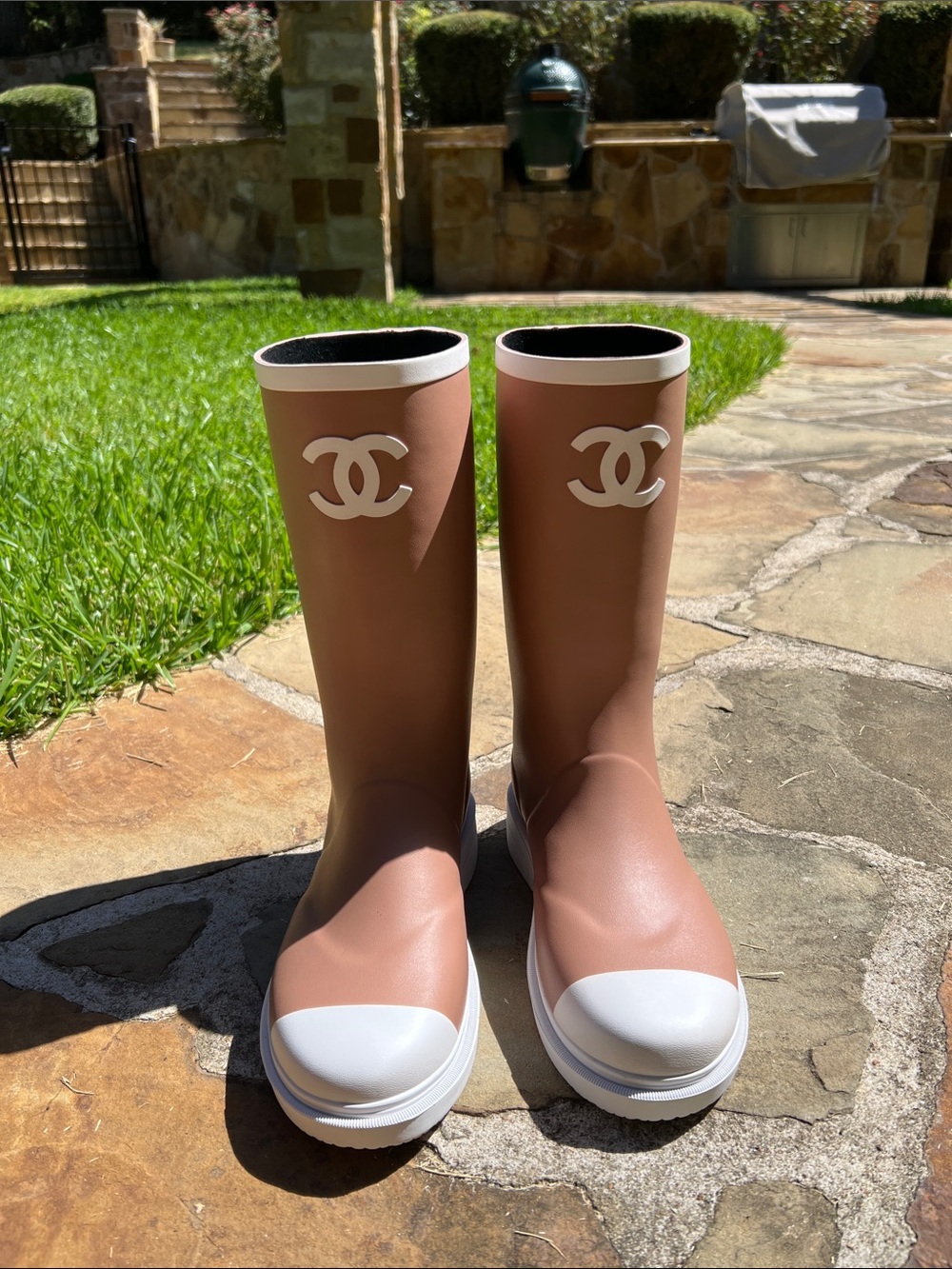 CHANEL beige tan brown fall Rubber Rain Boots with White Trim 38/7